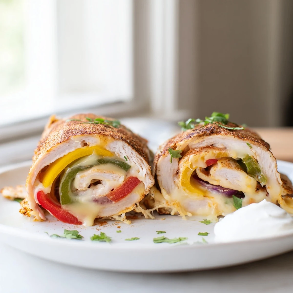 Golden baked chicken fajita roll ups sliced open revealing melted Monterey Jack cheese and colorful peppers