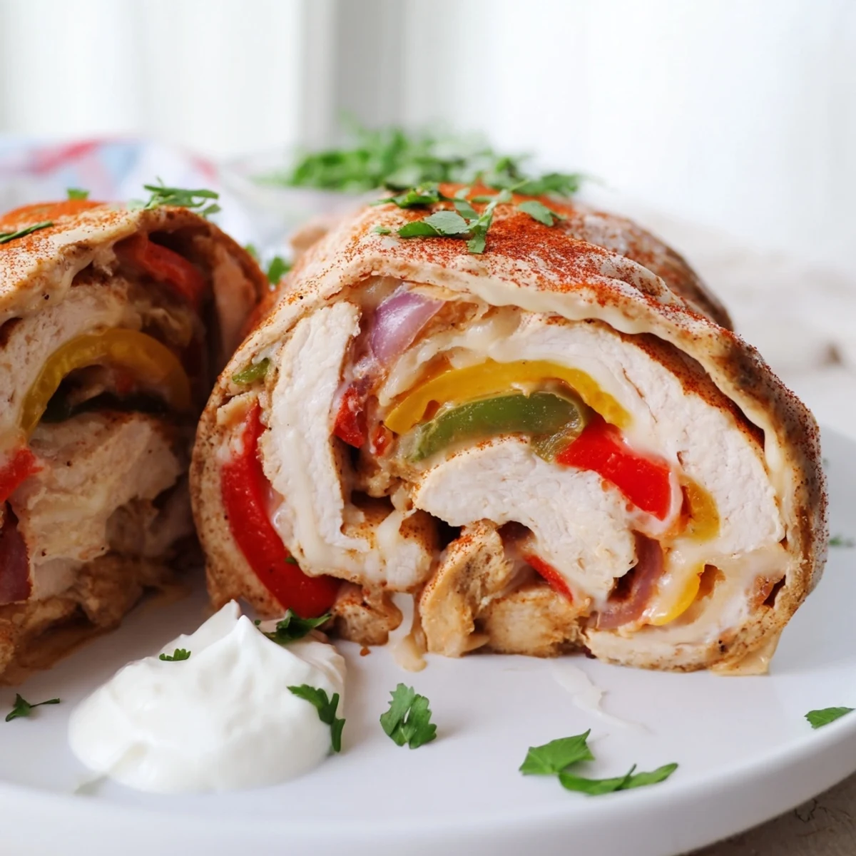 Juicy baked chicken fajita roll ups with bubbling cheese and tender bell peppers fresh from the oven