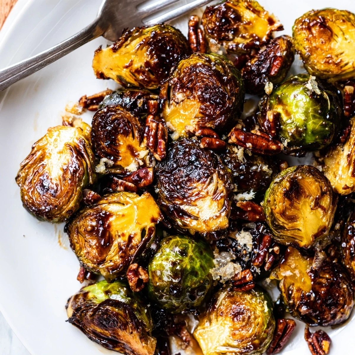 Crispy honey balsamic Brussels sprouts roasted golden with a glossy caramelized glaze on a rustic baking sheet