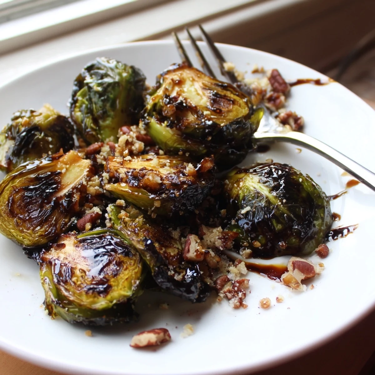 Honey balsamic Brussels sprouts garnished with toasted pecans and Parmesan in a warm serving bowl