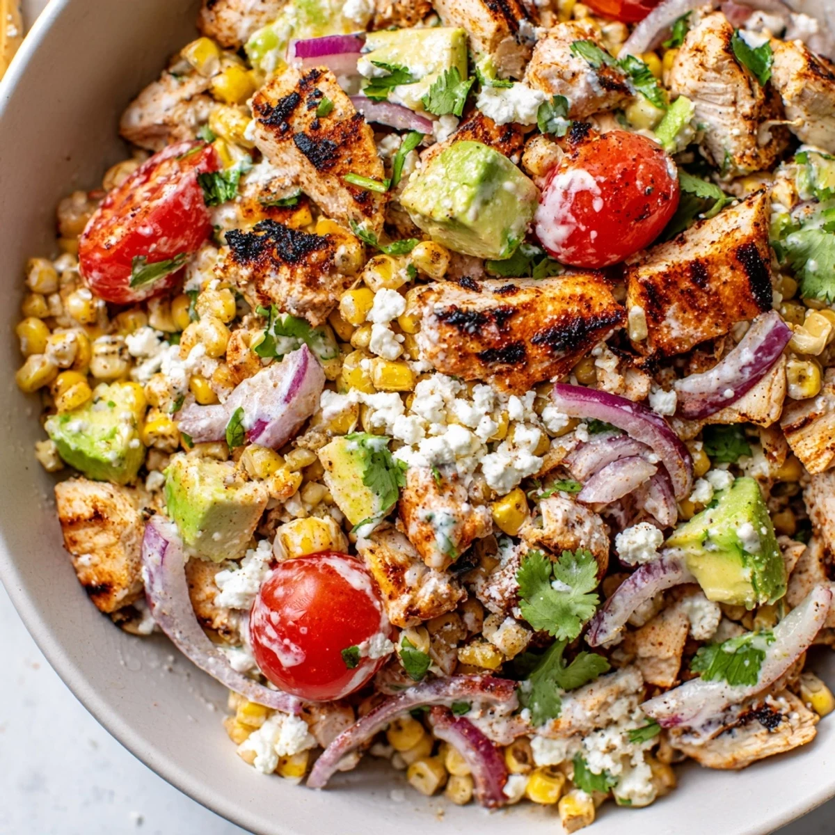 Creamy high protein chicken street corn salad topped with crumbled cotija and fresh cilantro