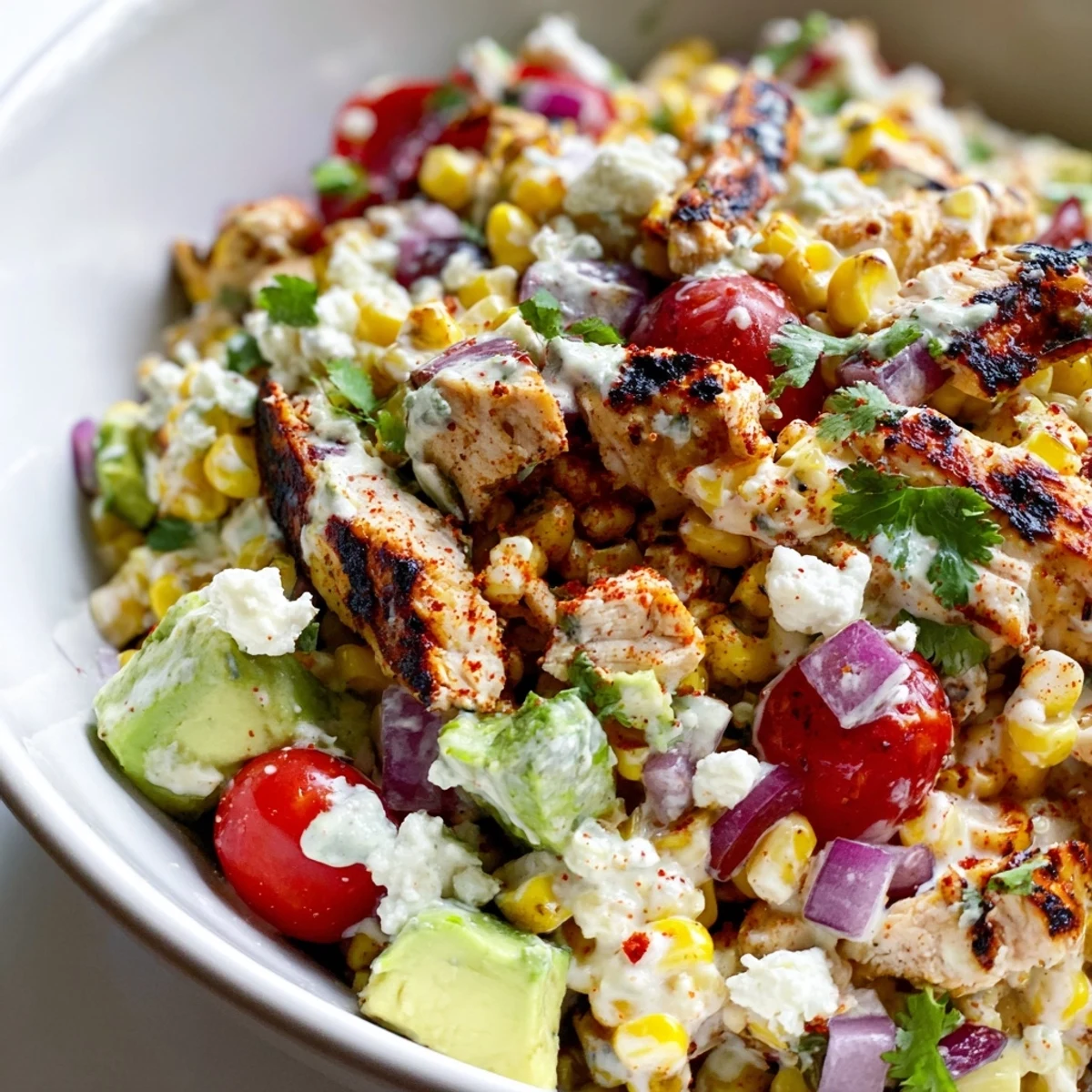 Grilled chicken slices nestled over charred corn and avocado in high protein chicken street corn salad