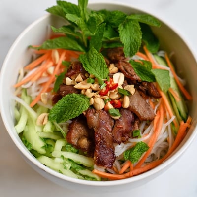 A close-up of Vietnamese Bun Bo Xao salad in a bowl with colorful carrots, cucumber, and bright herbs.