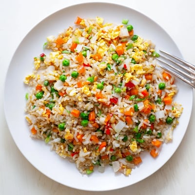 A steaming wok holds stir-fried peas, carrots, and savory soy-seasoned Fried Rice, garnished with fresh green onion slices.  