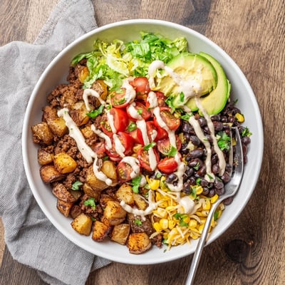 Loaded Potato Taco Bowl served with black beans, corn, fresh avocado, and chopped cilantro for a hearty, Tex-Mex inspired meal.