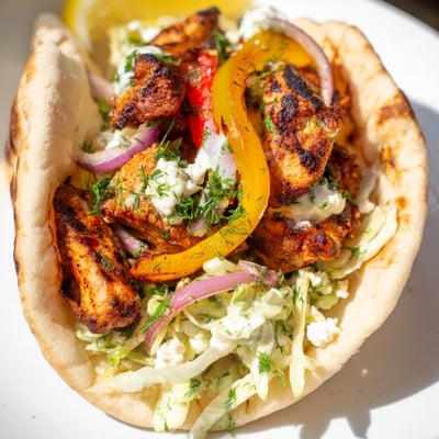 Sheet Pan Chicken Pitas With Fresh Herb Ranch Slaw are garnished with crumbled feta and fresh herbs on a rustic plate.
