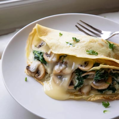 Thin French savory crepes rolled around garlicky mushrooms and wilted spinach, served warm