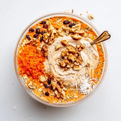 Thick spiced carrot cake overnight oats swirled with cream cheese frosting