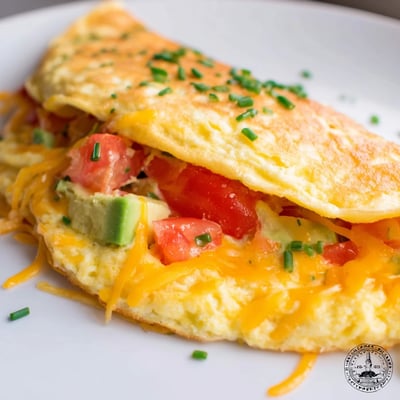 Golden creamy avocado cheesy tomato omelette served on a plate with melted cheese oozing out
