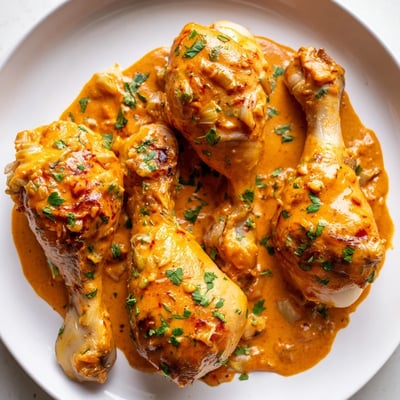 Juicy creamy paprika chicken drumsticks nestled in a velvety herb-garnished cream sauce